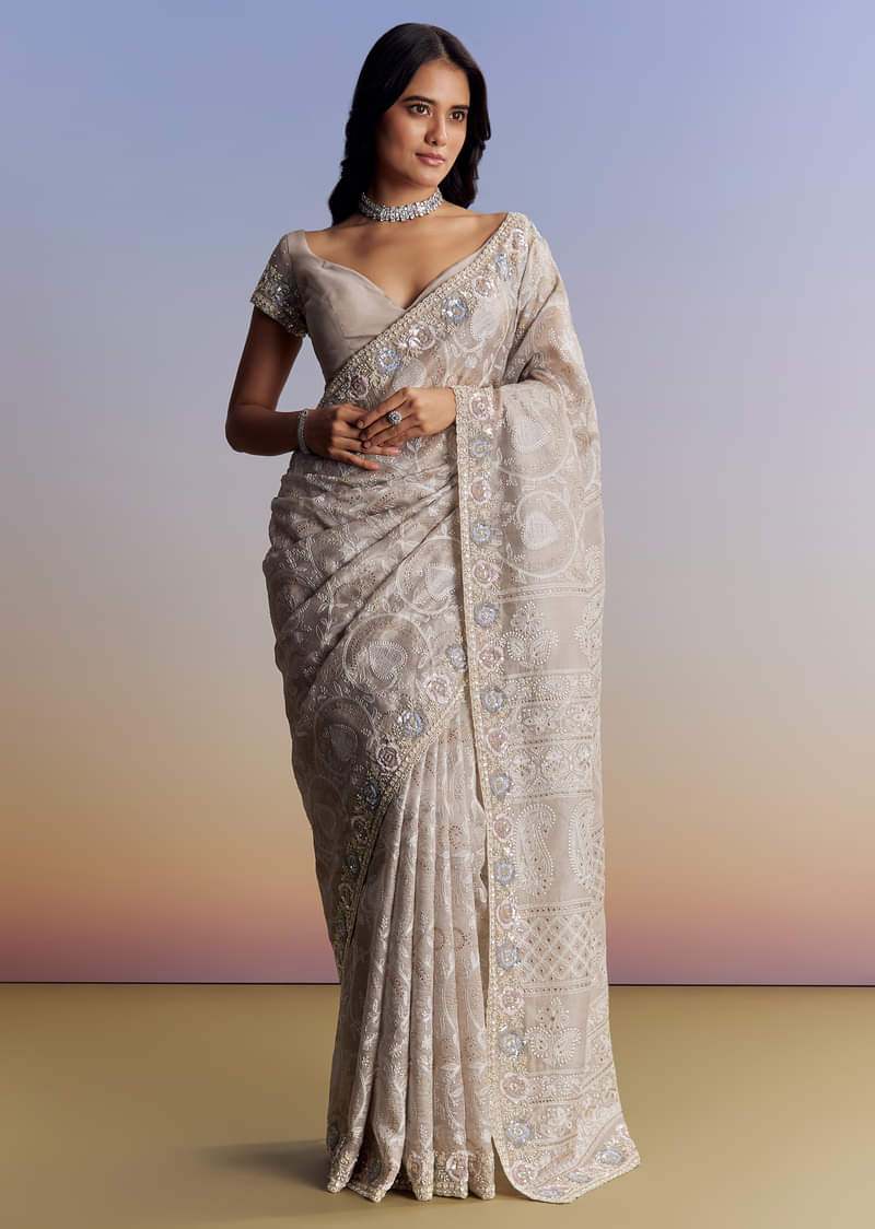 Lavender Organza Saree With Chikankari Resham Embroidery