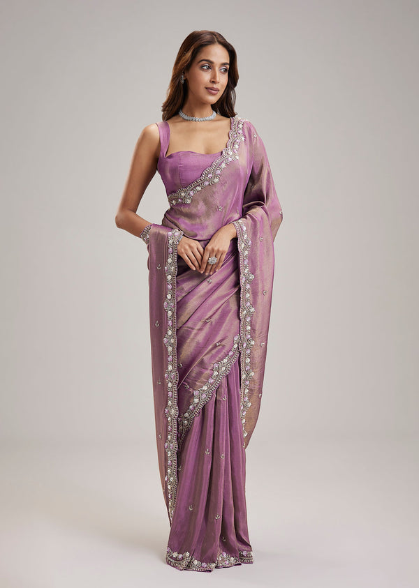 Lavender Organza Saree With Cut Dana And Sequin Embellished Border