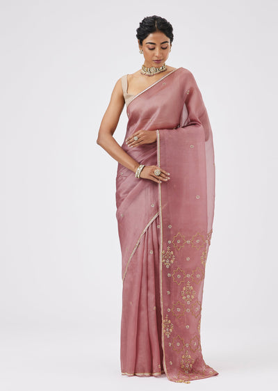 Lavender Pure Organza Cutdana Embroidered Saree