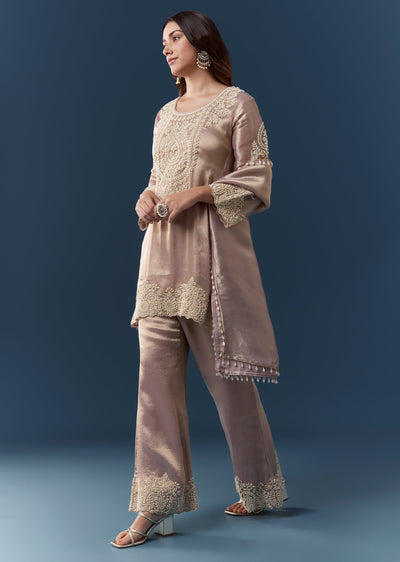 Lavender Tissue Embellished Kurta Pant Set