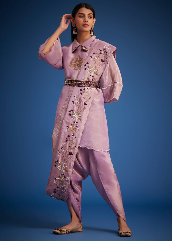 Lavender Tissue Embroidered Dhoti Set