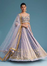 Lavender and Blue Silk Kali Embroidered Lehenga Set
