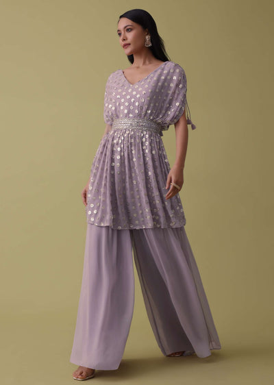 Lavender Purple Palazzo Top Set In Georgette With Sequins Work