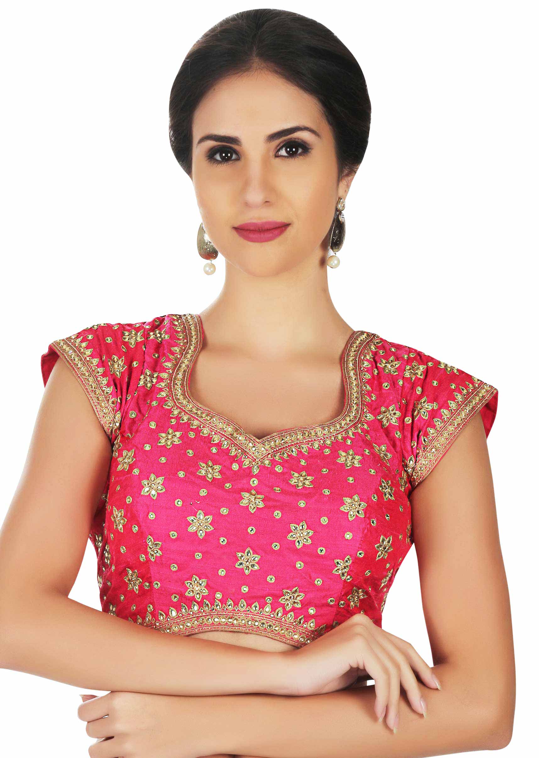 Hot pink blouse with kundan and thread embrodered butti only on Kalki - KALKI Fashion India