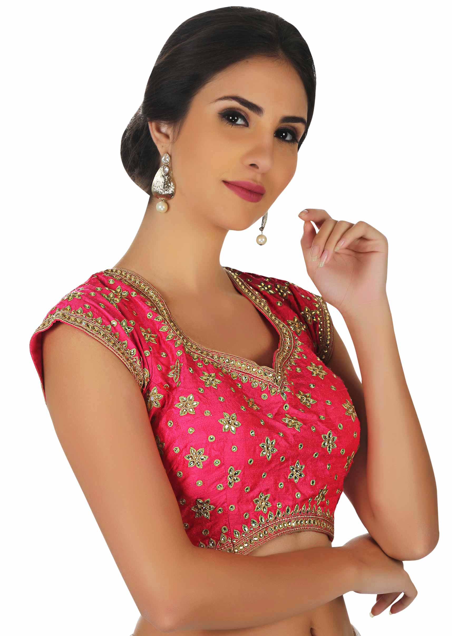 Hot pink blouse with kundan and thread embrodered butti only on Kalki - KALKI Fashion India