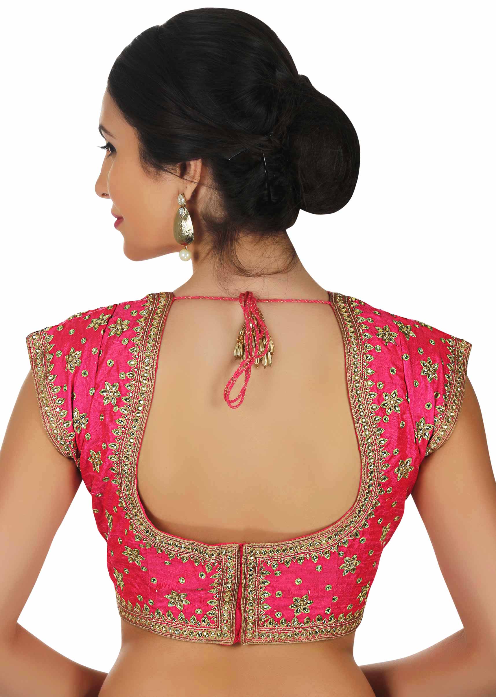 Hot pink blouse with kundan and thread embrodered butti only on Kalki - KALKI Fashion India
