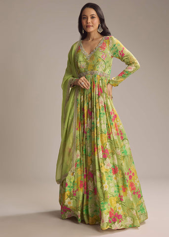 Buy Light Green Chinon Anarkali Suit With Floral Print| KALKI Fashion India
