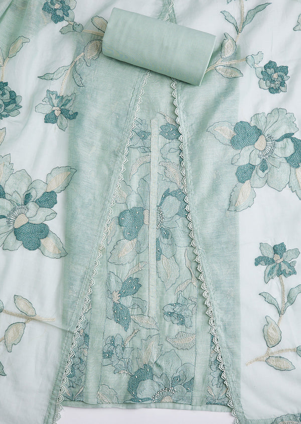 Light Green Cotton Embroidered Dress Material With Resham Threadwork