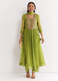 Light Green Printed Chiffon Kurta Dupatta Set With Sequin Work