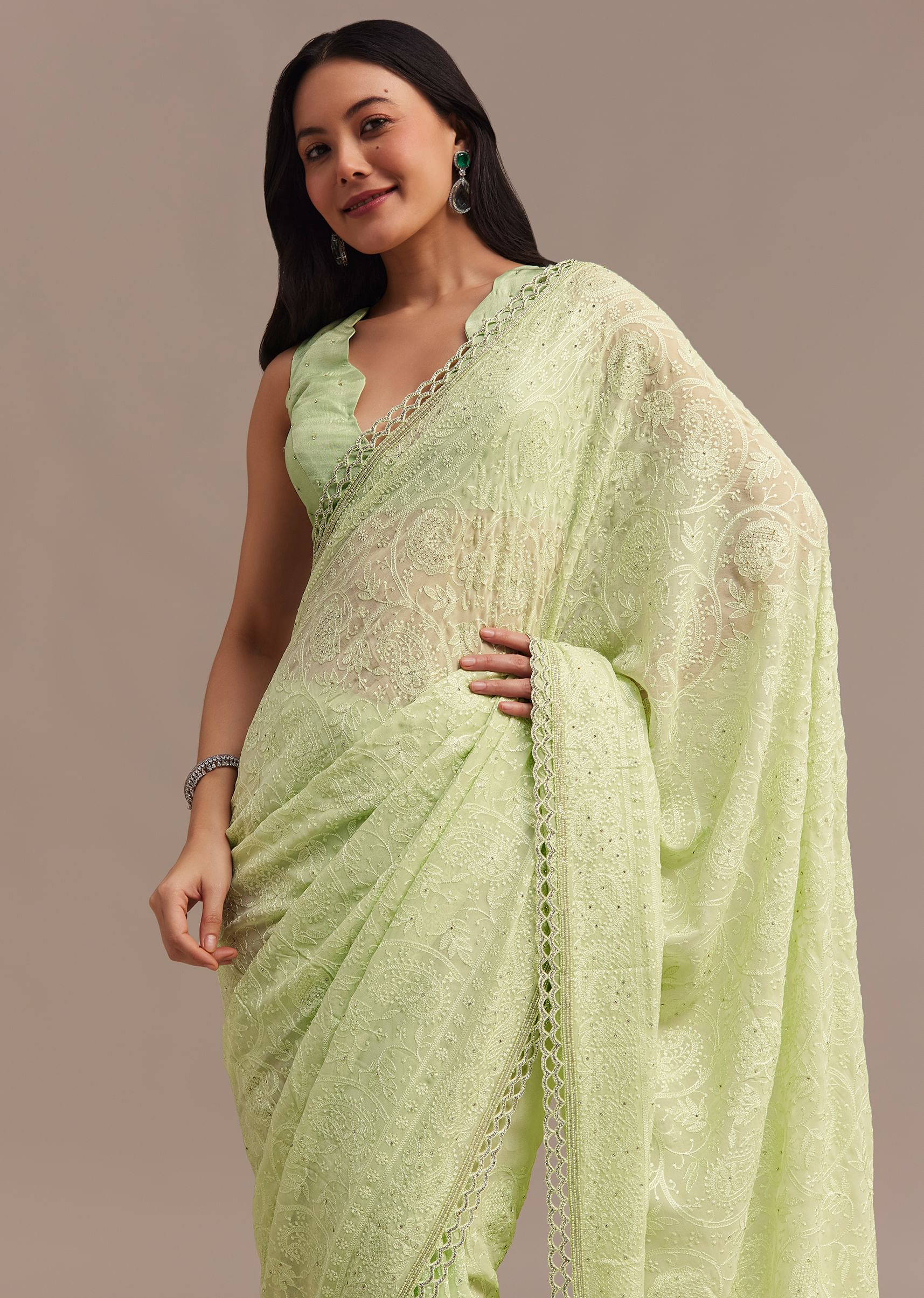 Light Green Chikankari Georgette Saree With Stone Embellishments