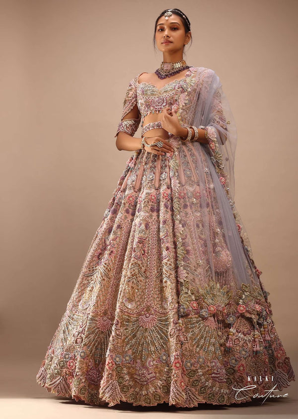Light Pink Lehenga Set With A Choli In Moti Embroidery, Crop Top Comes In Half Sleeves With Cut Work