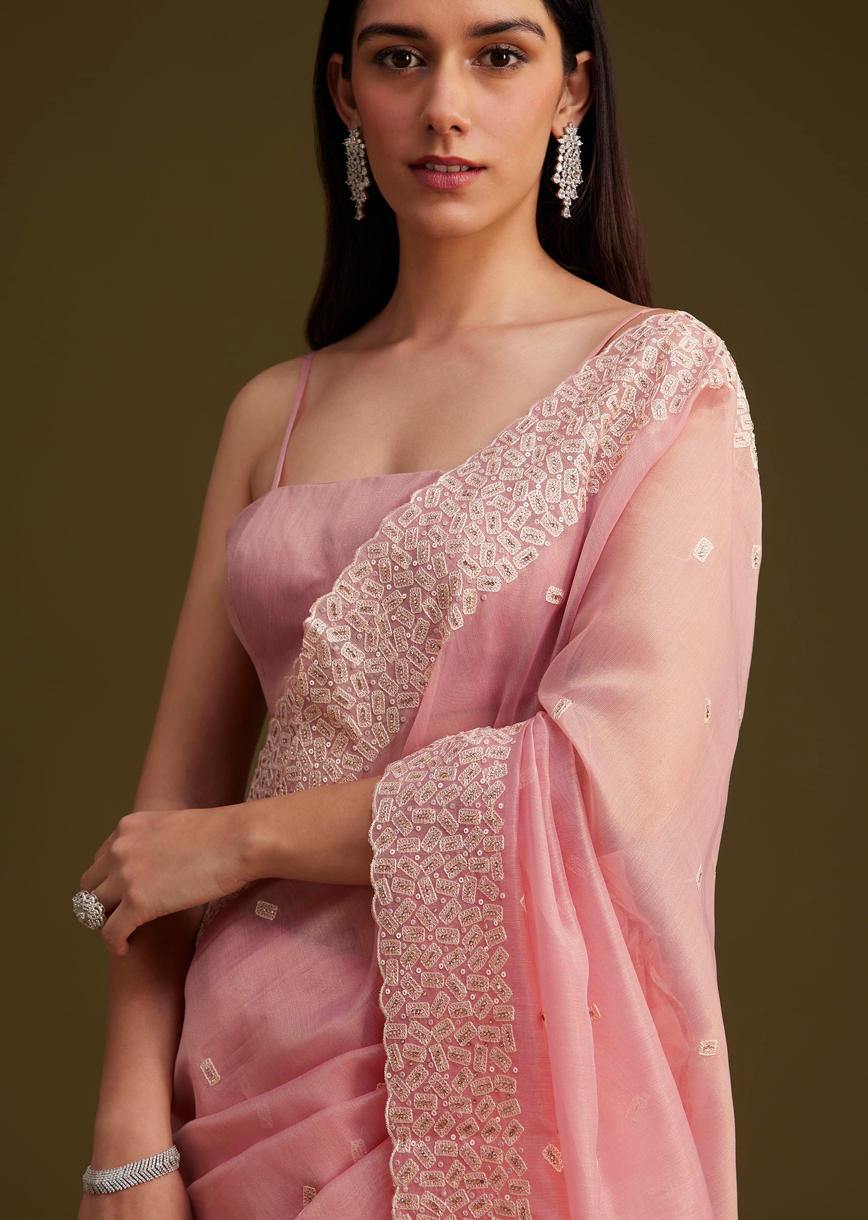 light pink tissue sequin and resham thread work saree-sg281765 12