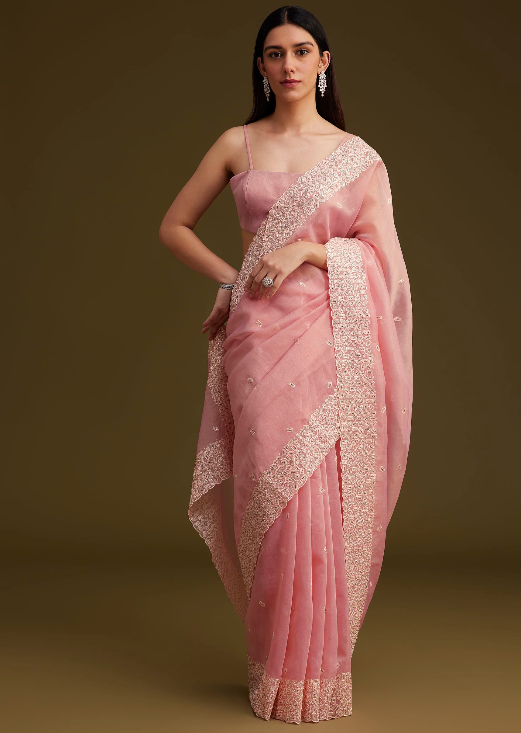 light pink tissue sequin and resham thread work saree-sg281765 16