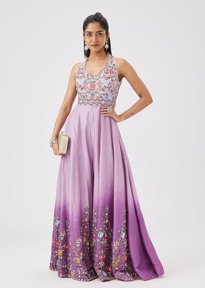 Lilac Art Silk Jumpsuit With Floral Resham Sequin And Moti Embroidery