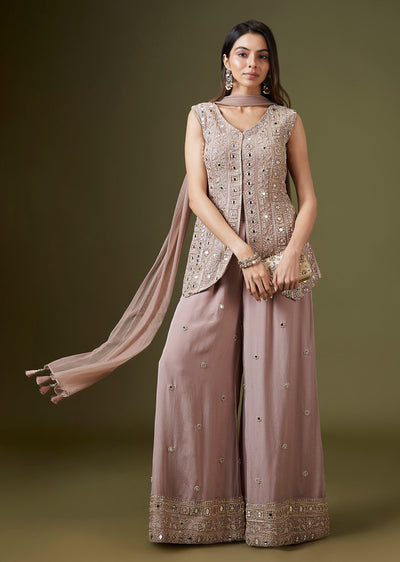 Lilac Chinon Embroidered Front Slit Kurta Palazzo Set With Dupatta