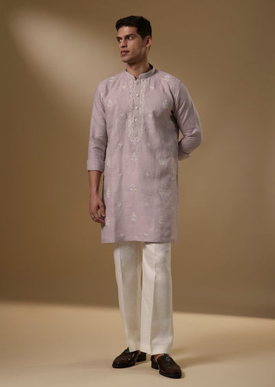 Lilac Linen Multicolor Resham Kurta