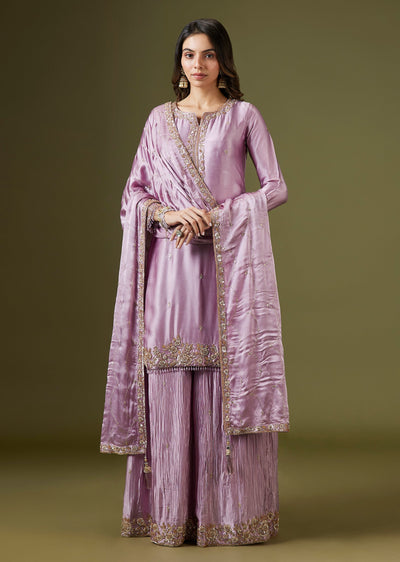 Lilac Satin Embellished Kurta Palazzo Set With Dupatta