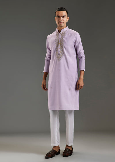 Lilac Silk Kurta Set With Zardosi Butti Embroidered Yoke