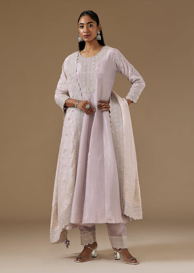 Lilac Tissue Anarkali Suit With Moti And Sequin Embroidery