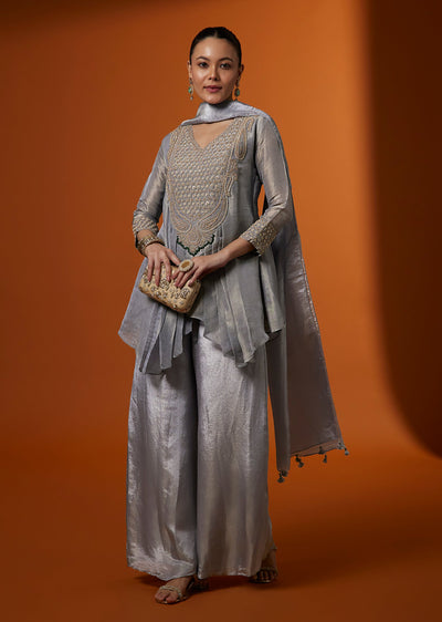 Lilac Woven Tissue Palazzo Suit Set With Zardosi Embroidery