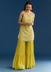 Lime Green Chinon Kurta Sharara Set With Choker Dupatta