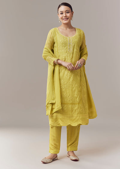 Lime Green Pakistani Style Kurta Set With Embroidery And Dupatta
