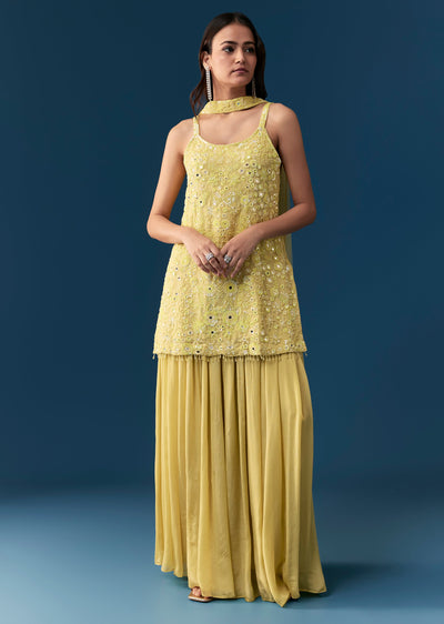 Lime Green Palazzo Suit With Mirror Sequins And Cut Dana Work