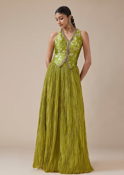 Lime Green Pure Banarasi Waistcoat Lehenga Choli