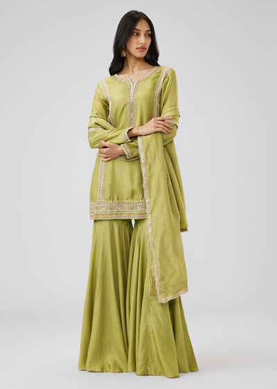 Lime Green Silk Sharara Suit With Zari And Moti Embroidery