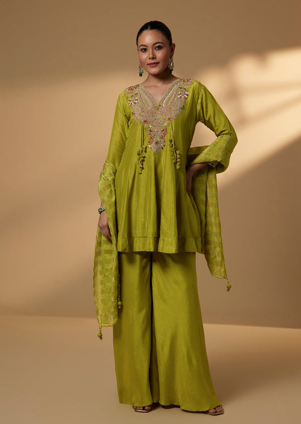 Lime Green Zardozi Embroidered Palazzo Suit Set