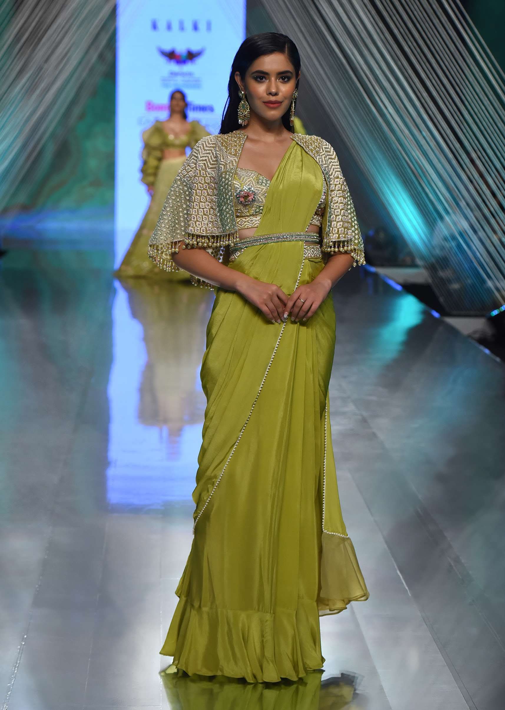 Citrus Green Pre Stitched Crepe Saree with Net Cape and V-Neck Crop Top