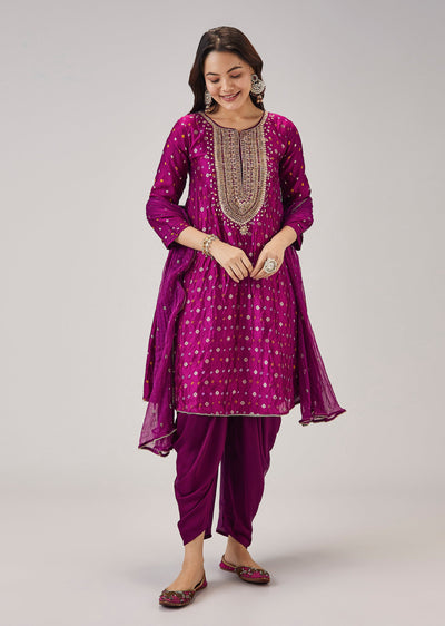 Magenta Bandhani Banarasi Dhoti Set With Gotta Work