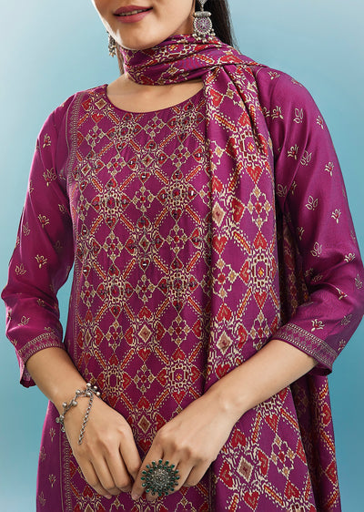 Magenta Printed Kurta Set With Mirror And Zari Work