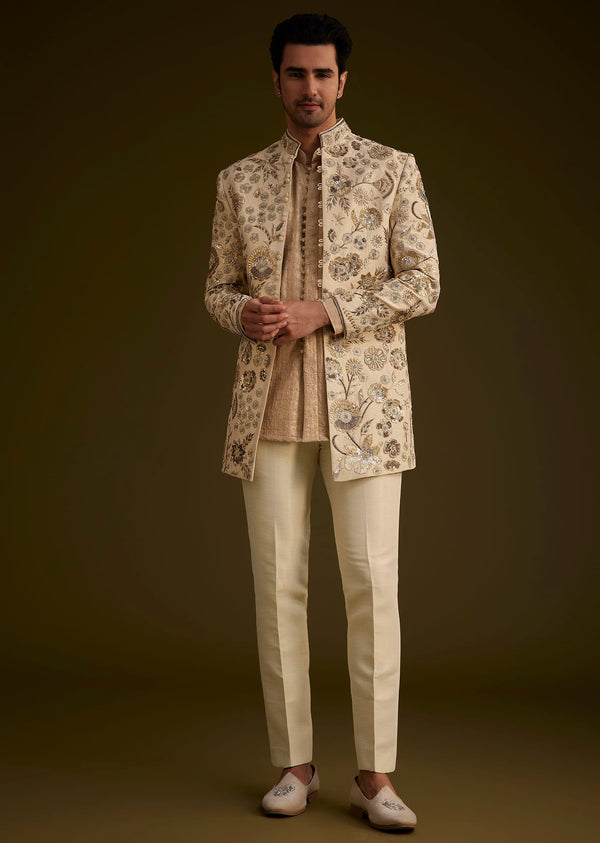 Beige Silk Indowestern Suit With Floral Zardosi Embroidery