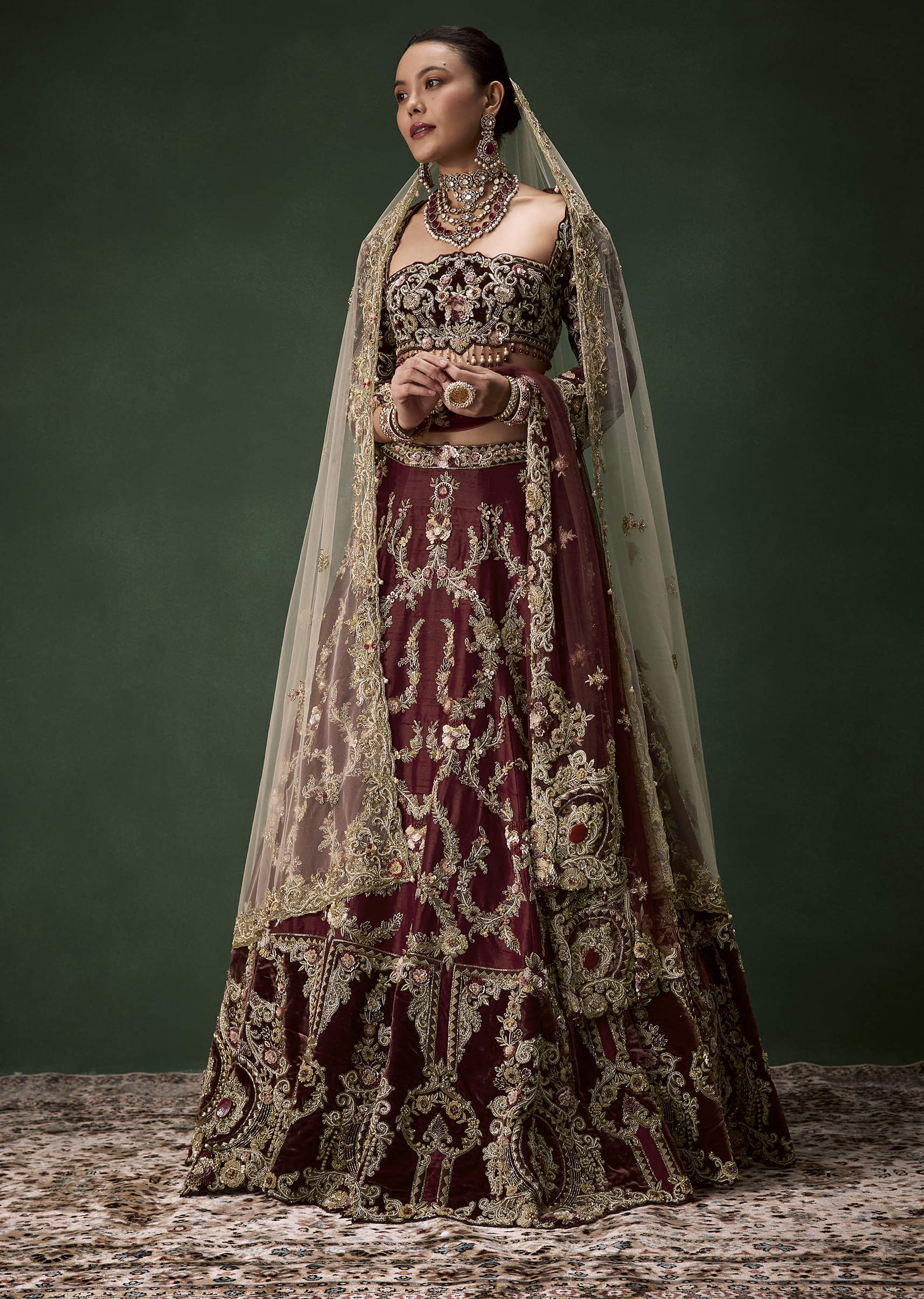 maroon-bridal-silk-zardozi-lehenga-set-with-two-dupattas-sg361532-1
