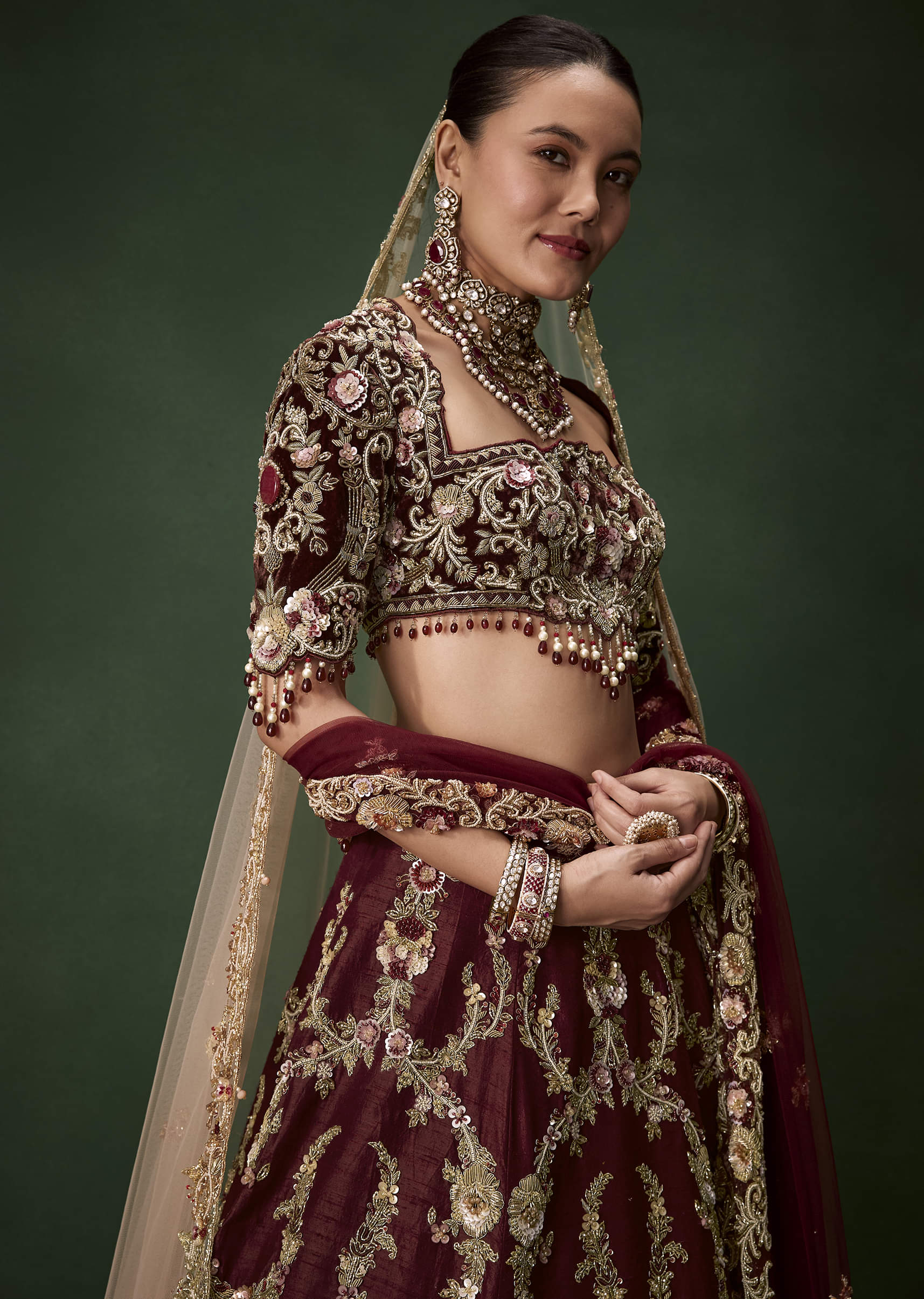 maroon-bridal-silk-zardozi-lehenga-set-with-two-dupattas-sg361532-3