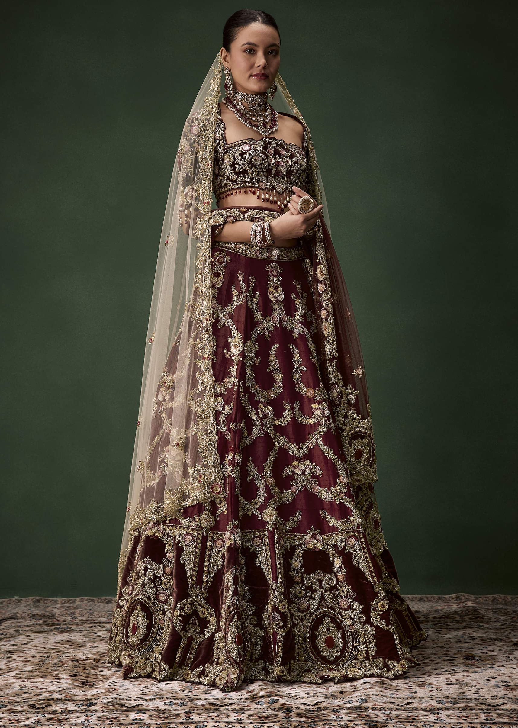 maroon-bridal-silk-zardozi-lehenga-set-with-two-dupattas-sg361532-4