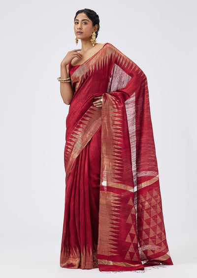 Maroon Chanderi Kota Silk Saree With Zari Temple Border And Unstitched Blouse