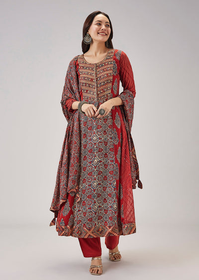 Maroon Hand Block Print Anarkali With Gotta Lace Work