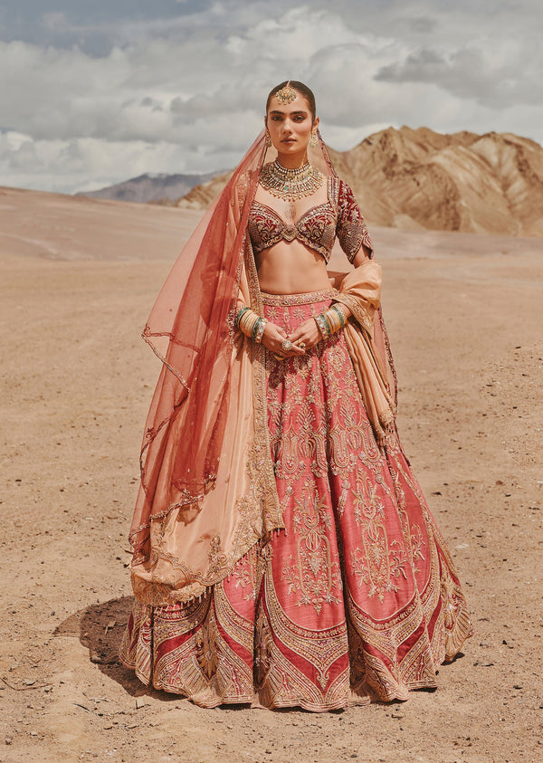Maroon Hand Embroidered Bridal Lehenga With Contrasting Dual Dupattas