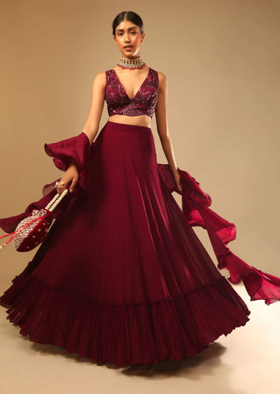 maroon-lehenga-and-crop-top-with-hand-embroidered-leaf-motifs-and-a-ruffle-dupatta-online-kalki-fashion-m001g3012y-sg73162 4
