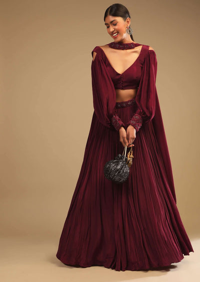 maroon-lehenga-in-crepe-with-embroidery-detailing-on-the-waist-and-bishop-sleeved-crop-top-online-kalki-fashion-m001ra527y-sg73719 2
