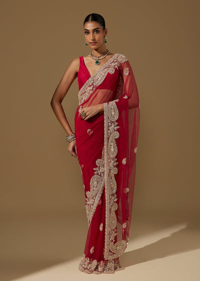 Maroon Net Saree With Heavy Zardozi and Cutdana Embroidery