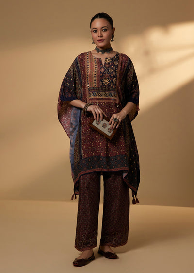 Maroon Silk Blend Printed Kaftan Co Ord Set