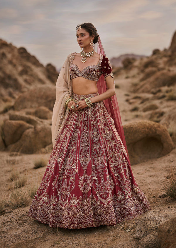 Maroon Velvet And Raw Silk Bridal Lehenga With Tonal Applique Embroidery