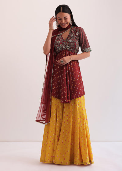 maroon and mustard embroidered palazzo set-sg220535 1