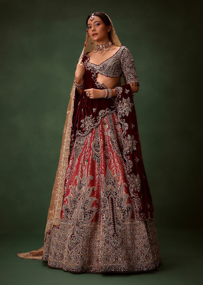 maroon brocade lehenga dupatta with cross-sg278719 5
