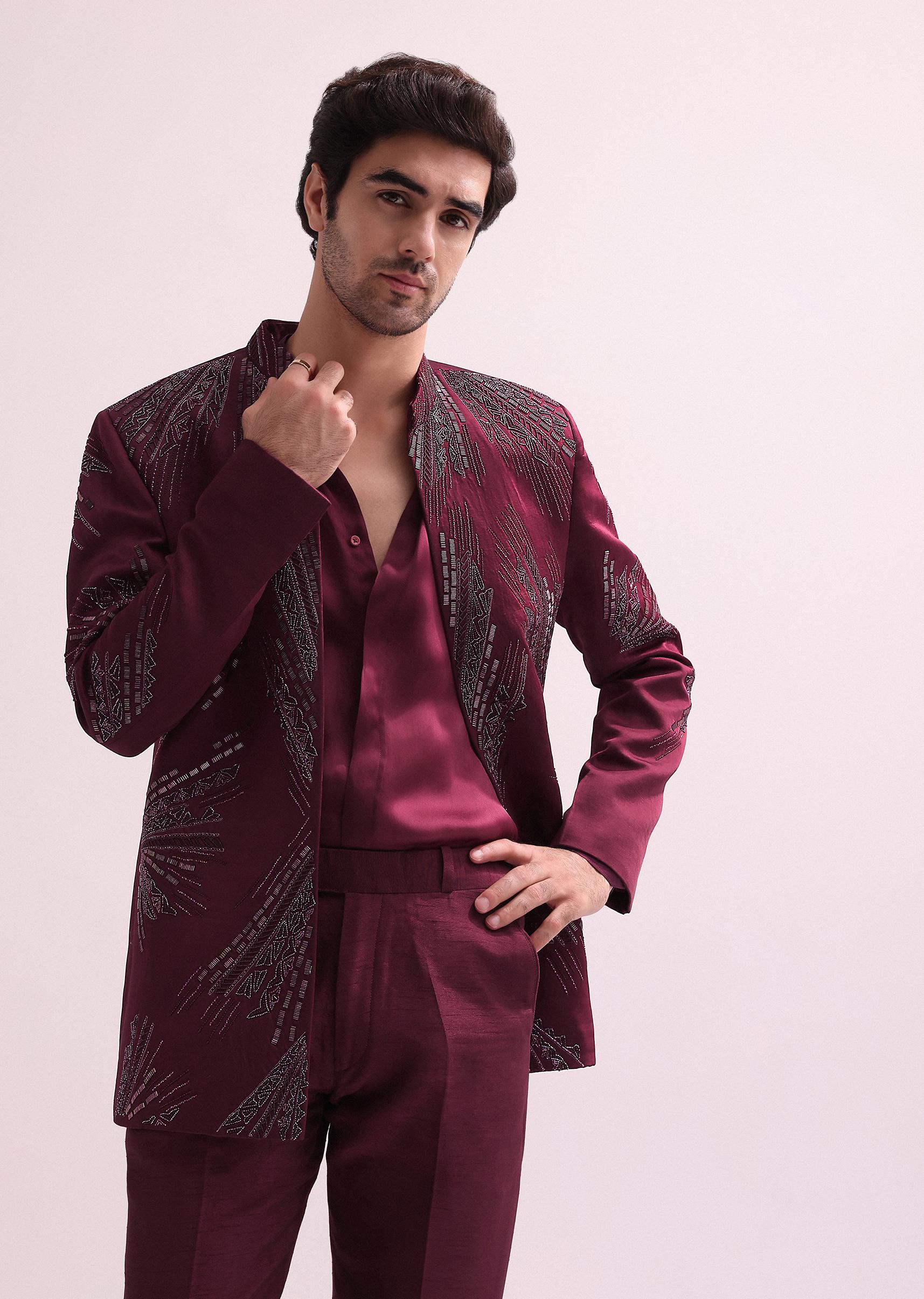 Maroon Linen Satin Hand Embellished Jodhpuri With Shirt And Pant