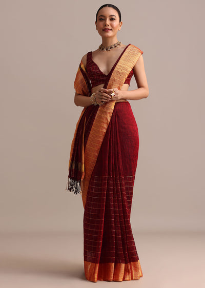 maroon linen woven saree with zari border and unstitched blouse-sg214196 1