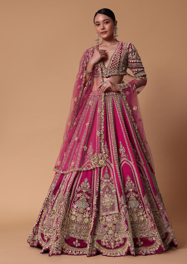 Maroon Silk Velvet 16 Kali Lehenga And Zardosi Blouse Set